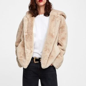 Zara Basic Hooded Faux Fur Jacket Size XS